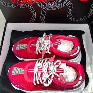 Versace chain reaction low top sneakers in fierce fuxia
